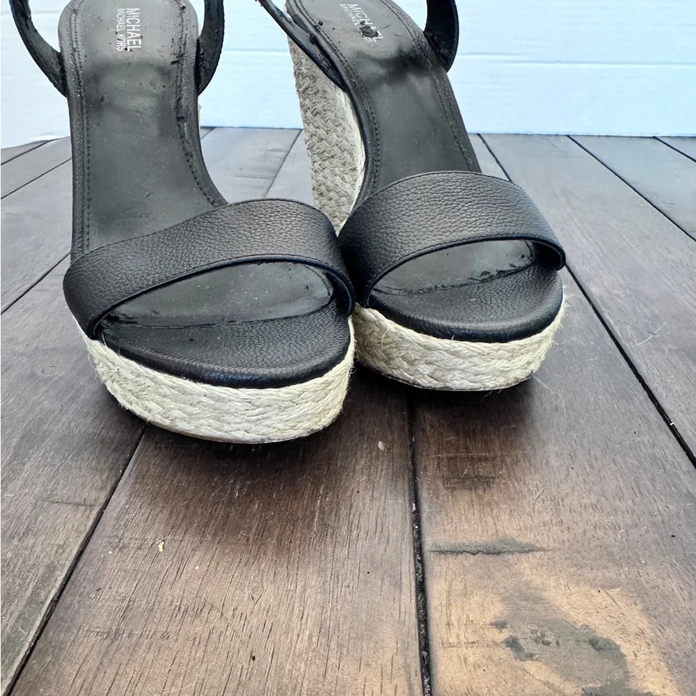 Michael Kors Womens Jill Black Leather Wedge Espadrille Sandals Shoes Size 8.5 M